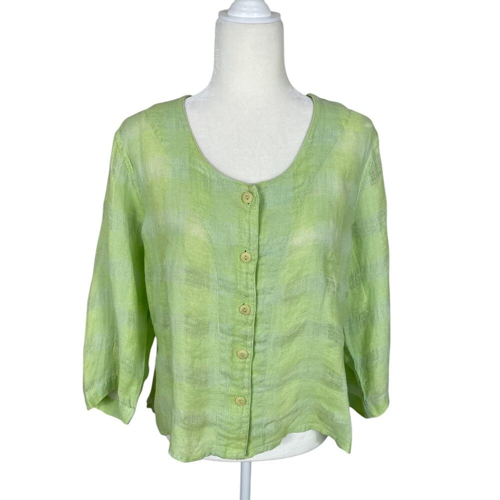 Flax 100% Linen Button Front Top 3/4 Sleeves Green Sz Small Sustainable Artsy